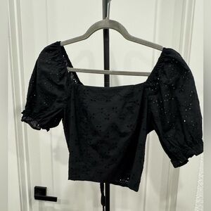 Mason & Belle Black Eyelet Puff Sleeve Top – Lace Up Back Boho Blouse  Small